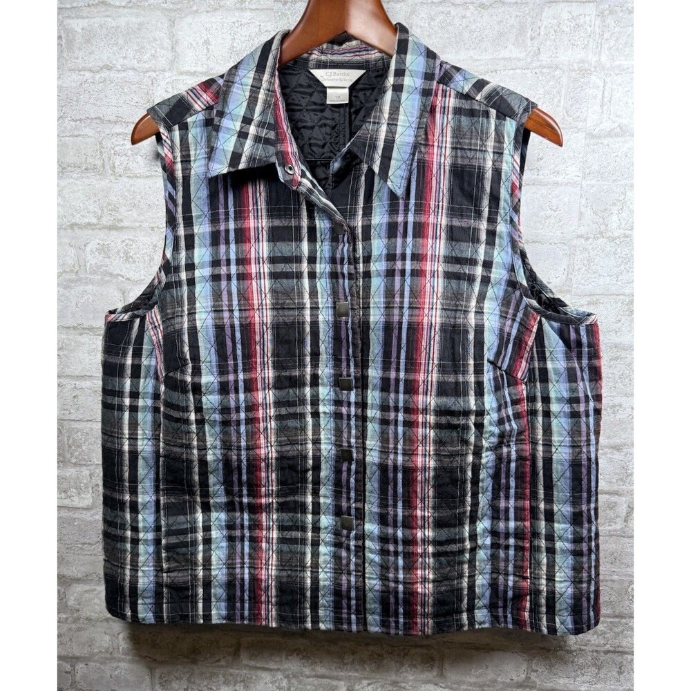 CJ Banks Quilted Plaid Vest Womens 1X Snap Front Grandmacore Cabin Rustic Plaid